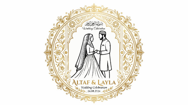 Elegant modern alevidhanu design wedding invitation card with gold floral border and illustration of bride groom