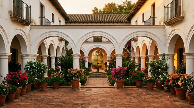 Traditional Mediterranean Courtyard with Arches and Potted Plants