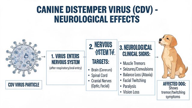Canine Distemper Virus (CDV) Neurological Effects Infographic, Pathway from Virus Entry to Nervous System Targets and Clinical Signs in Dogs
