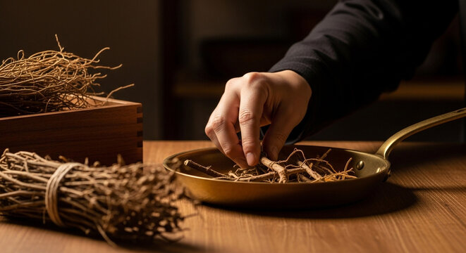 Hand Picking Dried Herbal Roots from a Brass Pan for Traditional Medicine Preparation on a Wooden Table
