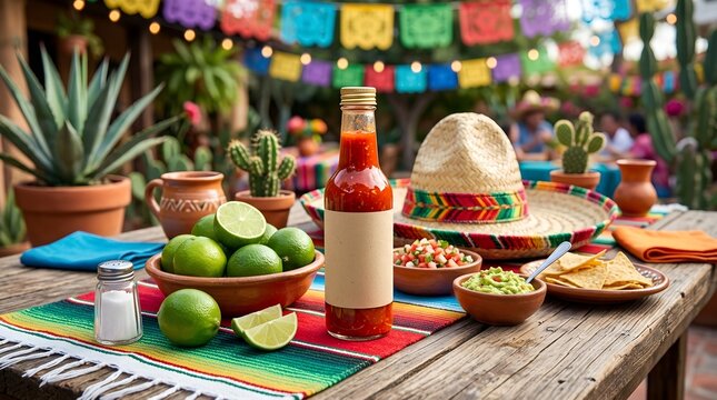 Vibrant Cinco de Mayo Festival Setup Featuring Hot Spicy Peppers and Festive Mexican Decorations, Colorful Cultural Celebration of Heritage with Traditional Food Elements and Bright Party Decor