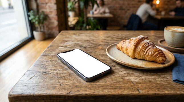 Sleek smartphone placed on a wooden restaurant table with a blurred background of a cozy cafe interior highlighting modern technology in everyday life and the concept of staying connected globally.