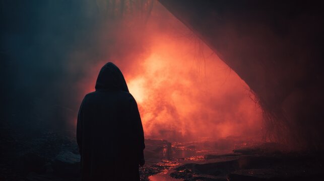 Person in hooded cloak facing a fiery backdrop