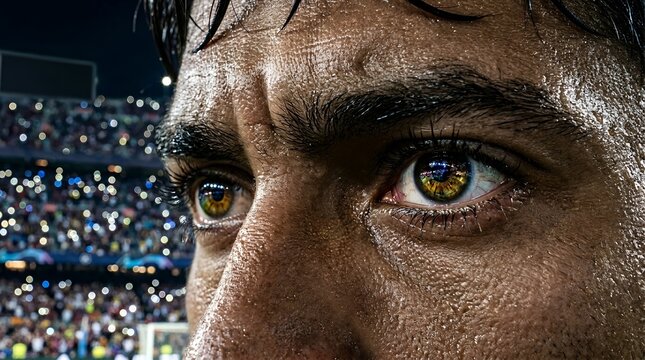 Extreme close-up of a determined soccer player&rsquo;s intense eyes and sweaty face during a stadium match, with colorful spectators, arena lights, and dramatic blurred background