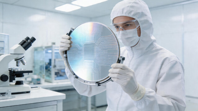 High-tech silicon wafer undergoing rigorous quality inspection inside a sterile semiconductor cleanroom facility, featuring gleaming surfaces and intricate patterns under bright laboratory lighting.