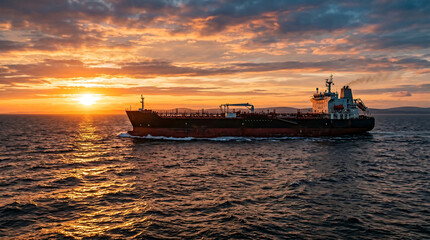 Obraz premium Industrial Oil Tanker Cargo Ship Crossing Sea Horizon Under Golden Orange Cloudy Sunset Sky