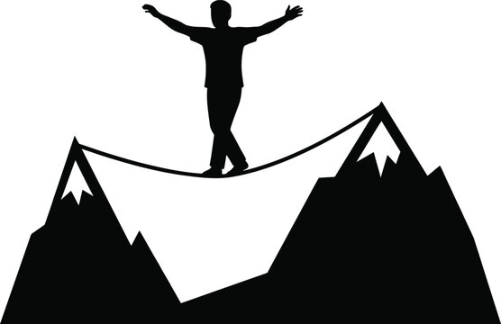 Slackliner silhouette crossing mountains on tightrope.