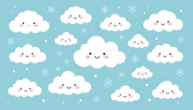 Set of cute pixel art clouds with smiling faces and snowflakes on blue sky background, kawaii style illustration