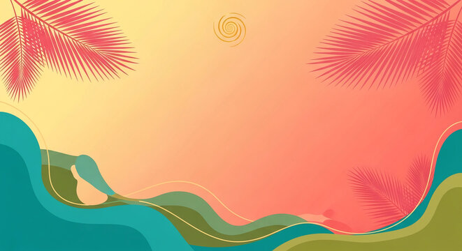 Abstract tropical scene with palm leaves, wavy lines, and a gradient sunset sky, symbolizing vacation, relaxation, and summer escape