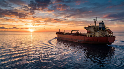 Obraz premium Wide Angle Drone Shot of Oil Tanker Ship Leaving Wake in Ocean at Sunset for Logistics Banner