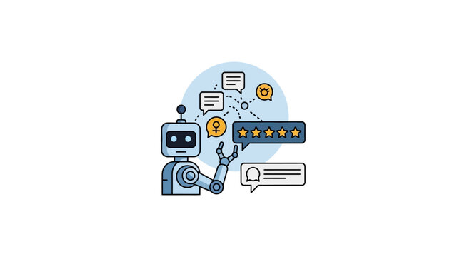 A friendly robot processes customer feedback and ratings in a digital environment