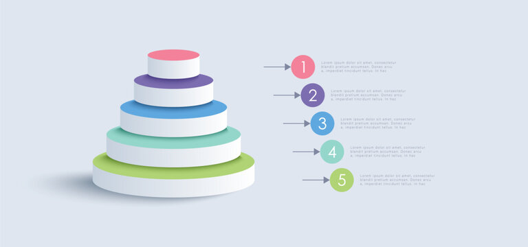3D pyramid infographic with 5 elements. Isometric layout for process diagrams, presentations, workflow layouts and flow charts.