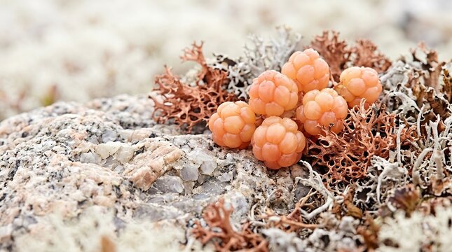 Ripe orange cloudberries resting on mossy stone in arctic tundra