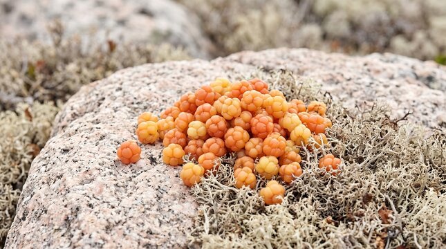 Orange cloudberries piled on arctic granite rock with lichen