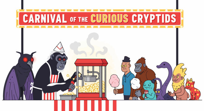 Carnival of Curious Cryptids Illustration Featuring Mythical Creatures.