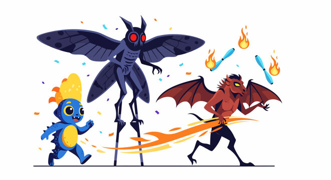 Cartoonish Mothman and Devil Characters in Pursuit of a Blue Creature.