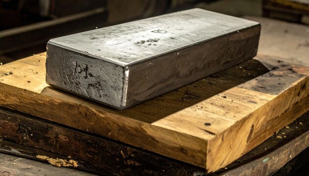 A heavy, roughly cast grey lead block with a dull surface patina and slight dents rests on two natural wooden blocks in a dimly lit industrial setting.
