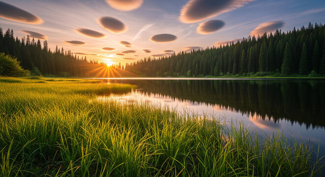 A serene lake reflects the warm hues of a sunset over a pine forest, with unique lenticular clouds dotting the sky and a grassy foreground, symbolizing tranquility, nature's beauty