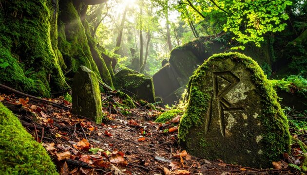 Ancient moss-covered runic stones with deeply carved symbols in a sunlit forest setting