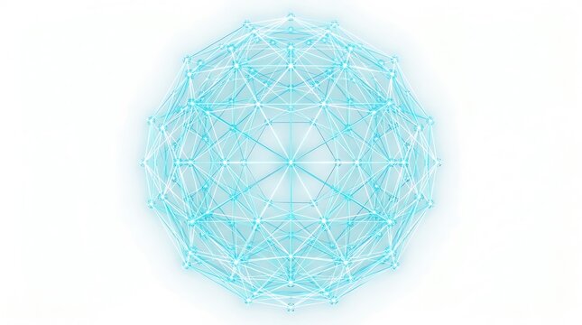 Complex visualization of autonomous drone swarm network glowing with vibrant white and soft cyan lights forming geometric patterns in 3D space on pristine white backdrop, 8k resolution.