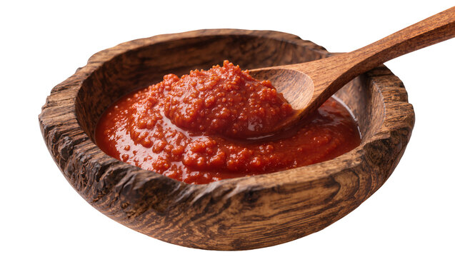 Wooden bowl filled with red tomato paste and wooden spoon