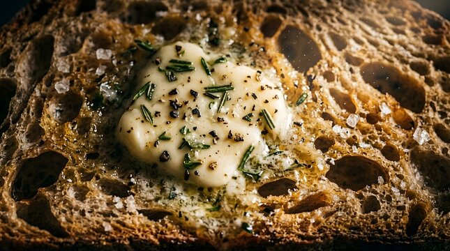 Close up of melting herb butter on toasted sourdough bread slice.