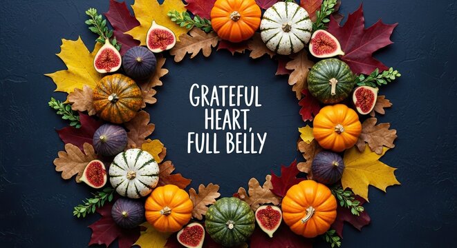 Happy thanksgiving day festive autumn wreath with pumpkins figs and fall foliage