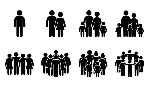 Minimalist black silhouette vector icon set of family, community and people groups, clean modern designs including single person, couple, nuclear family with children, extended family, group of friend
