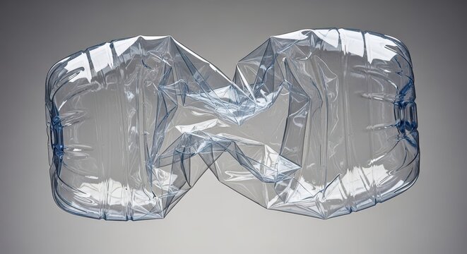 A clear plastic container being squeezed and dramatically crumpled against a plain background, focusing on material stress and recycling preparation, compressed, reduction, abstract
