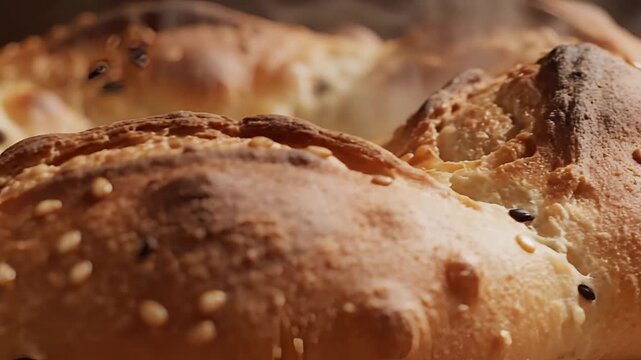 Closeup of freshly baked artisan bread with seeds.