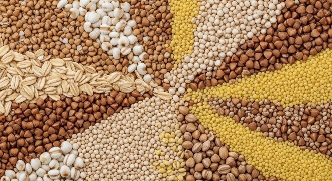 A macro shot capturing the rich textures and natural colors of diverse, unprocessed wholegrain kernels essential for healthy diets, oat, plant, whole