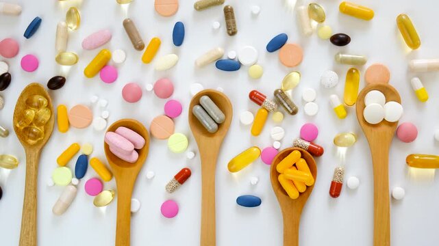 Various tablets and capsules, supplements and vitamins. Selective focus.
