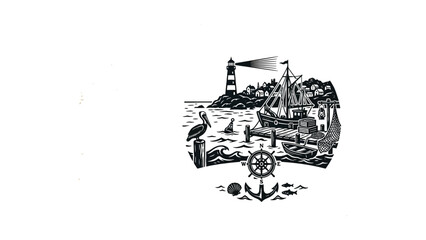 Obraz premium Nautical harbor scene with lighthouse and ship illustration.