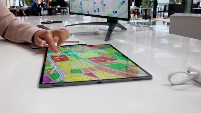 Urban Planner Reviews Zoning Map On Tablet