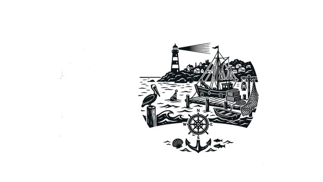 Nautical harbor scene with lighthouse and ship illustration.