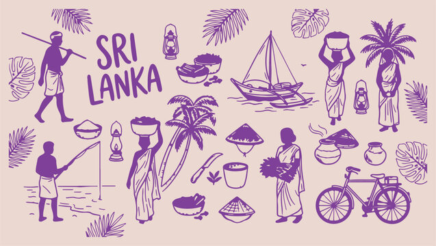 Sri Lanka traditional culture and heritage symbols, hand drawn minimal line art doodle set, premium modern monoline vector illustration, clean design isolated on white background, national tourism and