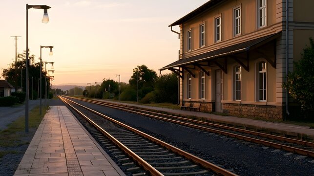 A tranquil view of an old railway station building and platform bathed in warm golden hour light