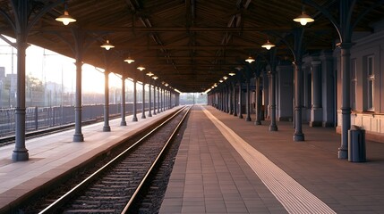 Naklejka premium A long perspective view down an ornate train station corridor bathed in soft morning sunlight evoking a feeling of nostalgic wanderlust