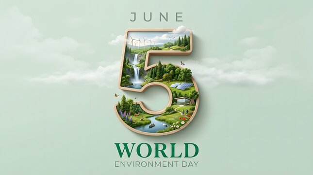 numeral five environmental diorama styled illustration landscape ecology nature sustainability windmills trees waterfall river vector graphic design awareness