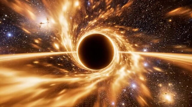 A swirling black hole surrounded by vibrant orange and yellow accretion disk in deep space