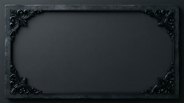 Elegant blank black baroque frame with ornate filigree corners on dark textured background
