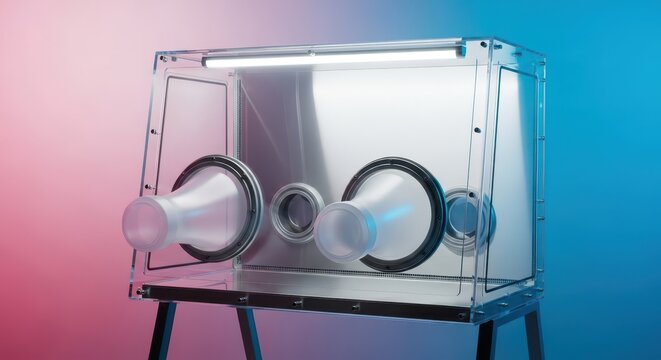 Sterile laboratory isolator unit with protective glove ports used for handling sensitive materials and minimizing exposure and contamination risk, device, development, contamination