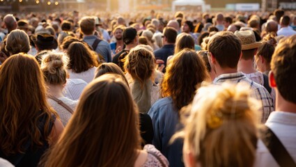 Obraz premium A large crowd of people gathered together in a busy urban setting at sunset, enjoying an event or festival, with a sense of excitement and community