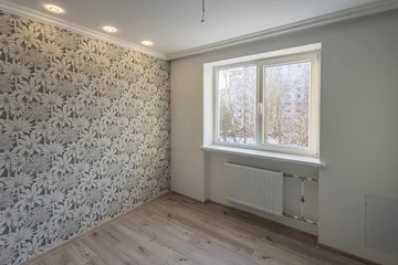 Fotobehang Scandinavisch Minimalist room interior with botanical wallpaper  © Oleg