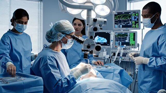 Diverse surgical team performs complex operation using advanced medical technology.