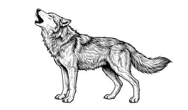 Howling wolf black and white line art vector realistic wildlife illustration