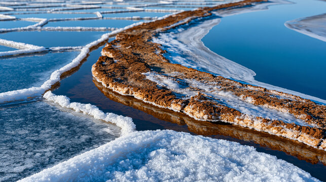Aerial view of salt evaporation pond geometric grid, mineral crystallization patterns forming at receding waterline edge, industrial salt production landscape, saline sediment crust texture from abo