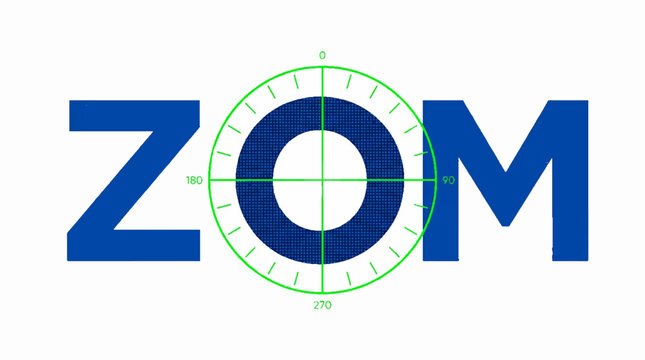 ZOM text with radar scope graphic replacing the letter O, a modern vector illustration with bold blue letters and a green target symbol