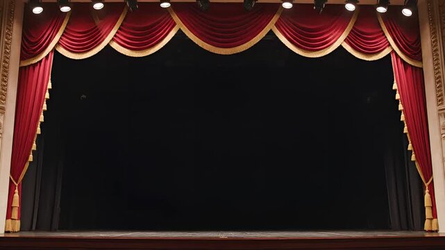 Elegant Red Theater Stage Curtains Open to Blackness.