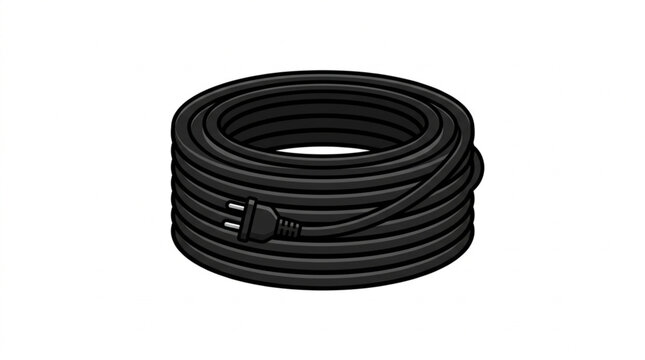 Black electrical extension cord coiled neatly on a white background.